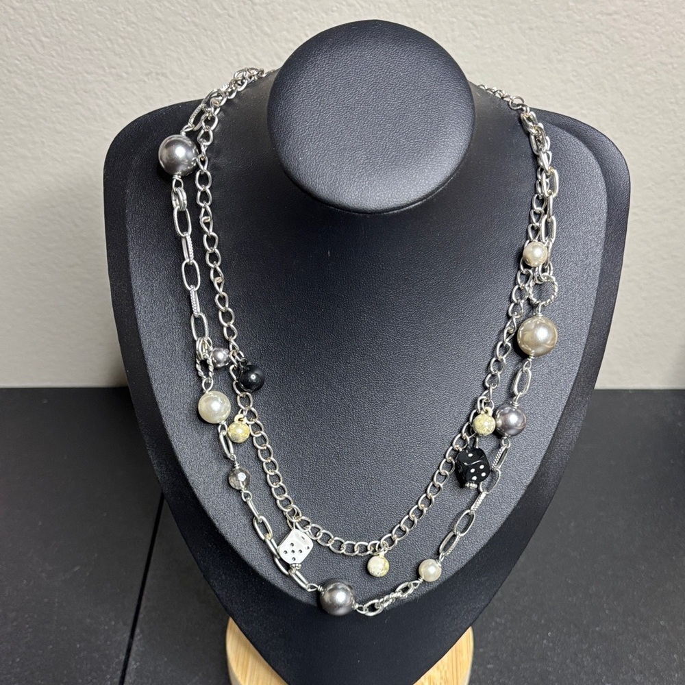 Elegant Multi-Chain Dice & Faux Pearls Necklace Black and Silver Beads